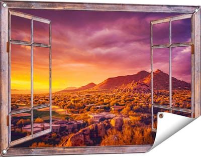 Gards Tuinposter Doorkijk Woestijn Landschap met Zonsondergang - 90x60 cm - Tuindoek - Tuindecoratie - Wanddecoratie buiten - Tuinschilderij