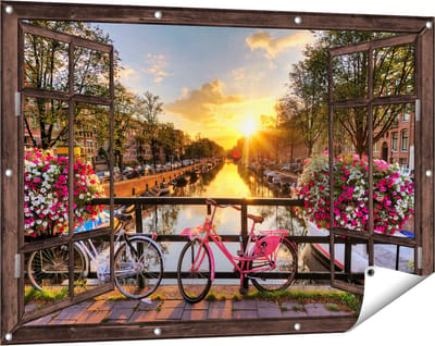 Gards Tuinposter Doorkijk Amsterdamse Brug met Zonsopgang - 120x80 cm - Tuindoek - Tuindecoratie - Wanddecoratie buiten - Tuinschilderij