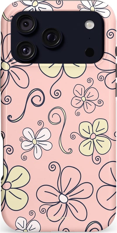 Casetastic hoesje geschikt voor Apple iPhone 17 Pro Max - MagSafe - Dubbellaagse bescherming - Pastel Perzik Doodle Peach Bloemen - Fashion Case - Zand Zilver Lichtroze