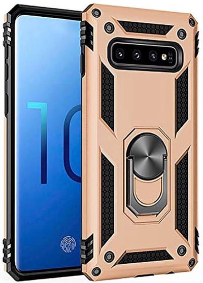 HB Hoesje Geschikt voor Samsung Galaxy S10 Plus - Anti-Shock Hybrid Armor Back Cover - Hoes met Kickstand Ring - Goud