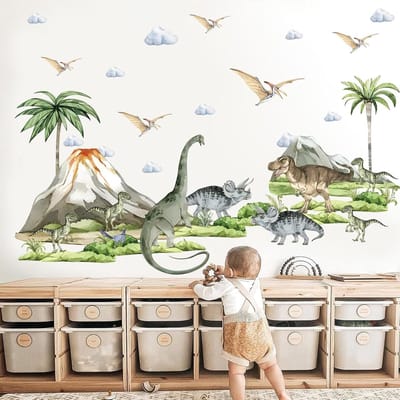 Grote muurstickers van dinosaurussen met vulkanen, palmbomen en planten - Zelfklevende decoratie voor kinderkamers