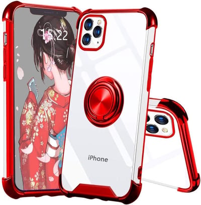 Hoesje Geschikt voor iPhone 12 Pro Max hoesje - Backcover met Ringhouder - Verstevigde hoeken - Transparant/Rood