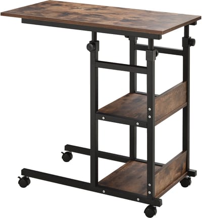 Wishdor - Bijzettafel Op Wielen - In Hoogte Verstelbaar - C-Vormig - Voor Woonkamer Of Werkkamer - Metaal En Hout - Bruin - 80 x 40 x 72-82 cm