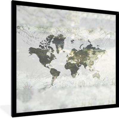 Poster in lijst - Fotolijst 40x40 cm - Posters - Wereldkaart - Bloem - Grijs - Posterlijst zwart - Decoratie - Wanddecoratie woonkamer - Muurdecoratie slaapkamer