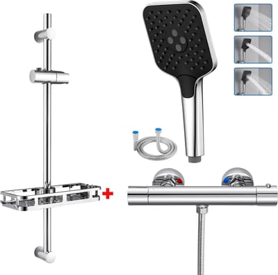 Auralum Max Doucheset Thermostaatkraan met Glijstang - 70 cm Glijstang - Met Zeepschaal - Verstelbaar Glijstang - 3 Sproeistanden Douchekop - 1,5m Slang - Waterbesparend - Chroom