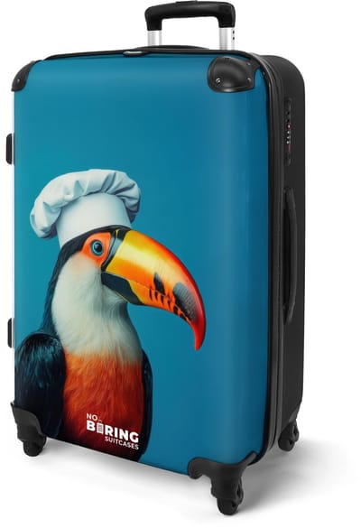 NoBoringSuitcases.com® - Koffer groot - Rolkoffer lichtgewicht - Blauw - Toekan met koksmuts - Reiskoffer met 4 wielen - Grote trolley XL - 20 kg bagage - Valiezen middelgroot - Hardcase bagagekoffer - Suitcase large