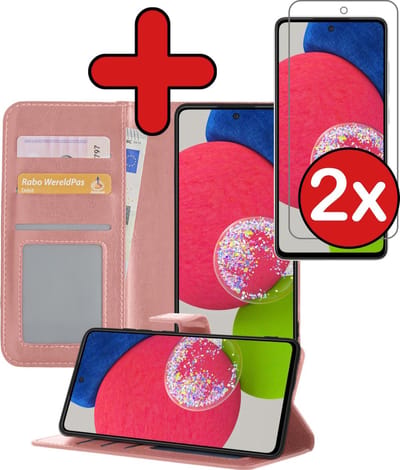 Hoesje - Met 2x Screenprotector - Geschikt voor Samsung Galaxy A52s 5G - Luxe Pasjeshouder - Flip Case - Bookcase Portemonee - Kunstleer Book Case - Flipcase Hoes - Book Cover - Walletcase - Portemonneehoes - Telefoonhoes - Rosé goud