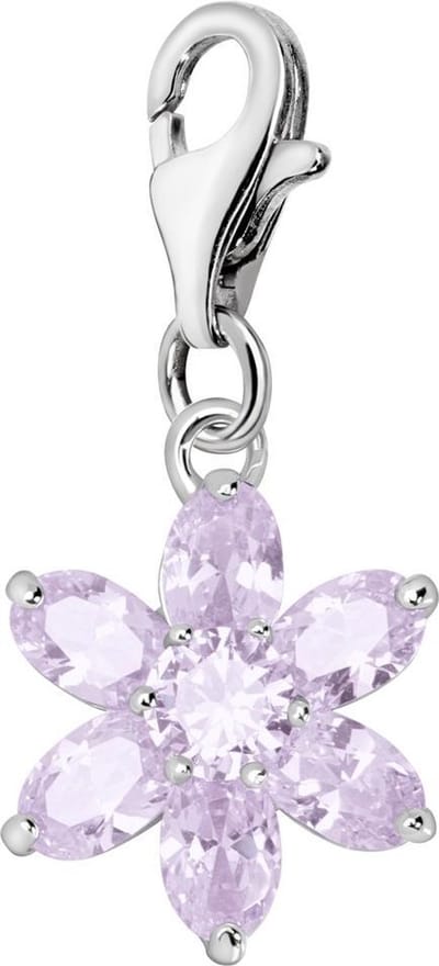 Quiges – 925 - Zilver – Charm - Bedel - Hanger - Kristal Zirkonia Bloem Pastel Paars - met – sterling - zilver - karabijnslot - geschikt - voor - Bedelarmband HC258
