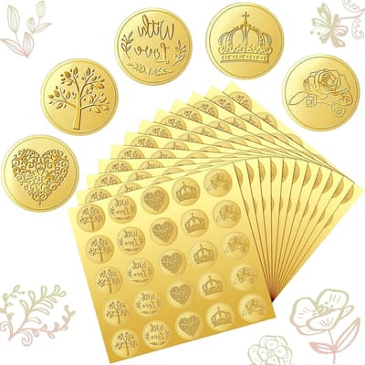 250 Stuks Gouden Geëmbosseerde Envelop Seal Stickers - Zelfklevende Vintage Labels voor Trouwinvitationen en Enveloppen, 5 Elegante Patroons