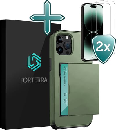 Hoesje Geschikt voor iPhone 14 Pro Pashouder Hard Case Hoes Met 2x Screenprotector - Hoes Geschikt voor iPhone 14 Pro Hoesje Back Cover Met Pasjeshouder - Donkergroen