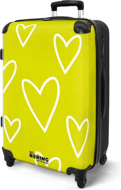 NoBoringSuitcases.com® - Koffer groot - Rolkoffer lichtgewicht - Valies geel met witte hartjes - Reiskoffer met 4 wielen - Valiezen reizen volwassenen - Bagagekoffer - Grote trolley XL - 20 kg bagage - Luggage suitcase medium