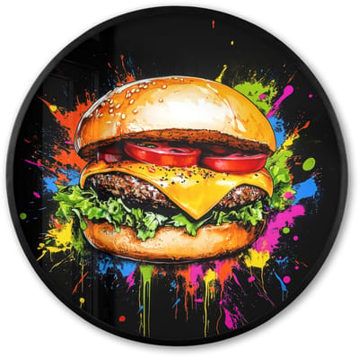 Poster in lijst Rond - Fotolijst 60x60 cm - Posters - Hamburger - Graffiti - Verf - Kleurrijk - Eten - Abstract - Ronde posterlijst zwart - Decoratie - Wanddecoratie woonkamer - Muurdecoratie slaapkamer