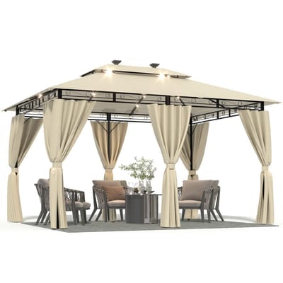 Devoko Tuinpaviljoen 3x4 m - LED-verlichting op zonne-energie - Instelbare helderheid-timerfunctie - waterdicht en UV-bestendig - ademend dubbel dak - met 6 zijwanden - Beige