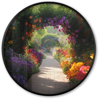 Poster in lijst Rond - Fotolijst 60x60 cm - Posters - Doorkijk - Pad - Bloemen - Struik - Kleurrijk - Ronde posterlijst zwart - Decoratie - Wanddecoratie woonkamer - Muurdecoratie slaapkamer