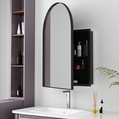 HAUSS SPOLE Badkamerkasten - Gebogen spiegelkast Badkamerkast met verstelbare planken - Medizinschrank, Stauraum voor Badkamer, Woonkamer en Keuken - 61×91 cm - Metaal - Zwart