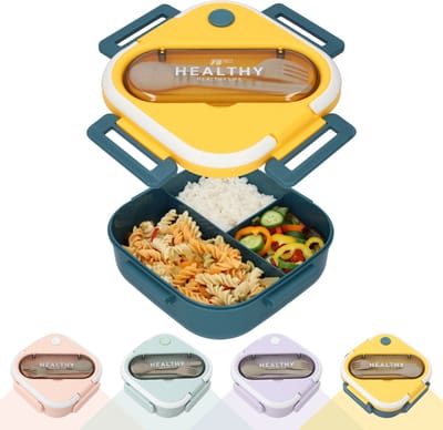 Vierkante Lunchbox met Servies - Gele & Blauwe Bentobox - Met vakjes x3 - Voor kinderen en volwassenen - Geschikt voor rijst, noodles, groente, vlees en meer! - Geel & Blauw - 900ml