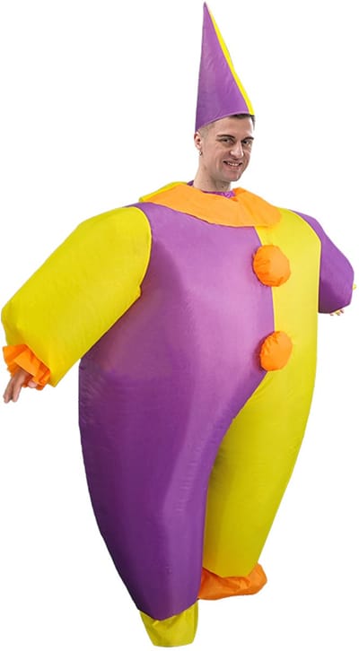 KIMU® Opblaas Kostuum Clown Geel Paars - Opblaasbaar Pak - Clownspak Mascotte Opblaaspak - Opblaasbare Nar Volwassenen Dames Heren Festival