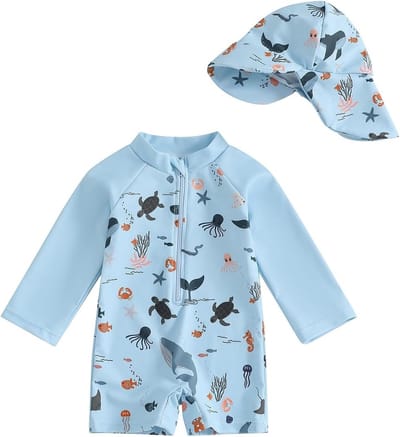 Zomerse Baby Jongens Badpak met Lange Mouwen en Zonnehoed voor Optimale Zonnebescherming en Comfort op het Strand