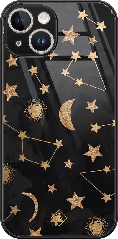 Casimoda® hoesje - Geschikt voor iPhone 14 - Counting The Stars - Luxe Hard Case Zwart - Backcover telefoonhoesje - Goudkleurig