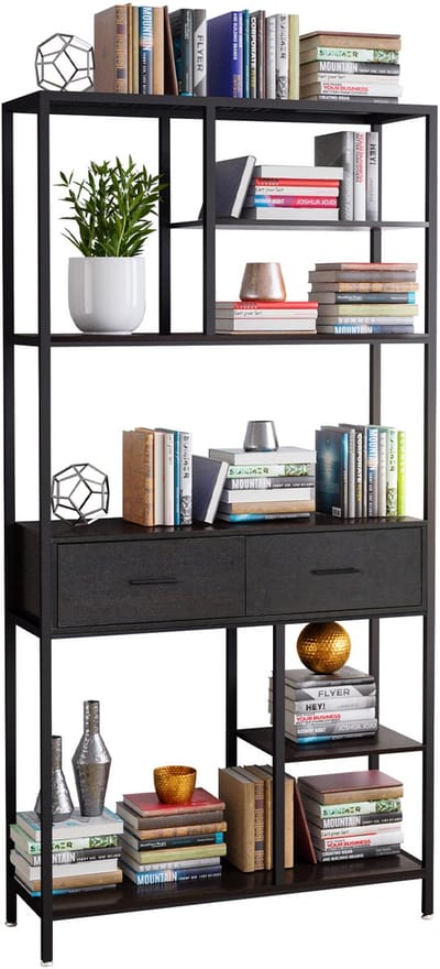 unho Boekenkast Industriële stijl - Opbergmeubel met 5 planken en lades - Hoge staande boekenkast - Metalen frame - Zwart
