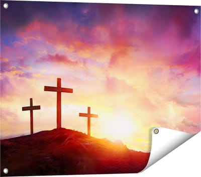 Gards Tuinposter Kruisiging van Jezus Christus - Drie Kruisen - 80x60 cm - Tuindoek - Tuindecoratie - Wanddecoratie buiten - Tuinschilderij