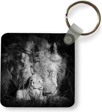 Sleutelhanger - Dierenprofiel leeuw met jong in zwart-wit - Uitdeelcadeautjes - Plastic