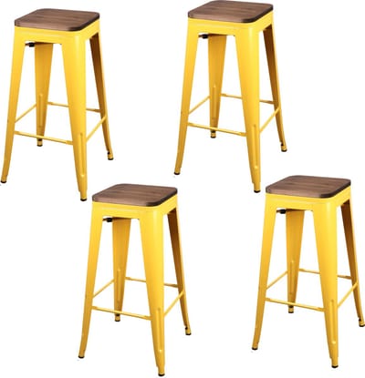 METALEN BARKRUK x 4 MAT GEEL HOUTEN ZITTING 42,5X42,5X77CM