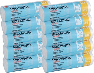 Afvalzakken 50 liter - 150 stuks, scheurvast en waterdicht met draaggreep (10-pack)