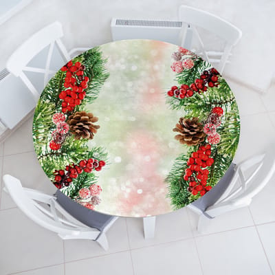 ABAKUHAUS Kerst Elastisch Ronde Tafelkleed, Levendige Takken Vervaagd, Volledig Elastisch Stoffen Tafelkleed, 90 cm - 100 cm, Groen Rood