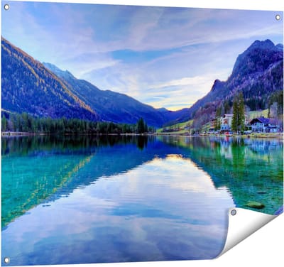 Gards Tuinposter Meer met Weerkaatsing in de Bergen - 100x80 cm - Tuindoek - Tuindecoratie - Wanddecoratie buiten - Tuinschilderij