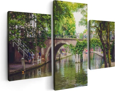 Artaza Canvas Schilderij Drieluik Dichtbegroeide Brug Op De Oudegracht In Utrecht - 90x60 - Foto Op Canvas - Canvas Print