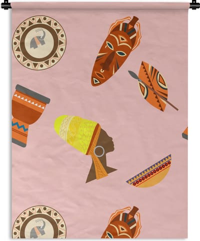 Wandkleed - Wanddoek - Afrika - Djembé - Patronen - Afrikaanse maskers - 90x120 cm - Wandtapijt