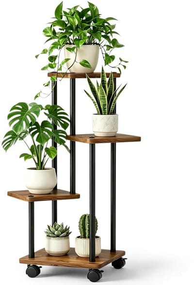 Dailygoods- Plantenstandaard 4 Niveaus - Plantenrek met Wielen - Plantenrek Binnen/Buiten - Robuust Metaal/Hout - Multifunctioneel Gebruik - Versterkte Constructie