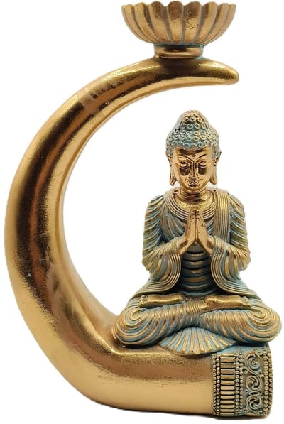 Beeld mediterende Boeddha op Olifant tand - Theelichthouder Boeddha Goud - 25cm.