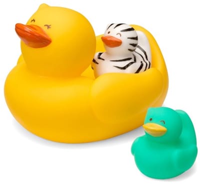 Infantino badeend familie badspeelgoed geel wit baby plezier.
