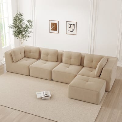 MODFU Modulaire Hoekbank - Diepe Zitting En Antislip - Modern - Voor De Woonkamer - Cordstof - Beige - 74 Cm