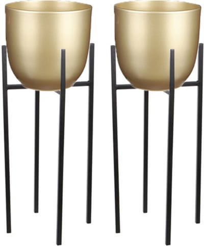 Mica Decorations Bloempot - 2 st - goud - D25 x H23 cm - incl. plantenpot houder - zwart/metaal 55 cm