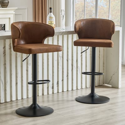 FloraGrace Barkruk - Set Van 2 Verstelbare Barstoelen Met Rugleuning - Draaibaar Met Voetsteun - Voor Keuken En Bar - Stof Metaal - Bruin