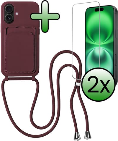 Hoes Geschikt voor iPhone 16 Plus Hoesje Pas Houder Case Hoes Met Koord Met 2x Screenprotector - Hoesje Geschikt voor iPhone 16 Plus Hoes Met Telefoonkoord Pasjeshouder Cover - Aubergine