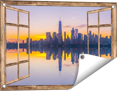 Gards Tuinposter Doorkijk New York Skyline bij Zonsopgang - 60x40 cm - Tuindoek - Tuindecoratie - Wanddecoratie buiten - Tuinschilderij