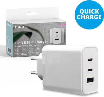 FlinQ 65W Snellader Adapter usb c - Snellader adapter - Snellader laptop - adapter universeel - PD GaN 2 USB-C & 1 USB-A - Wit