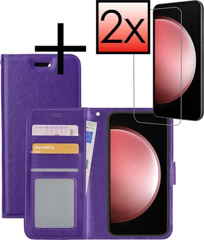 Hoesje - Met 2x Screenprotector - Geschikt voor Samsung Galaxy S23 FE - Luxe Pasjeshouder - Bookcase Portemonee - Flip Case - Kunstleer Book Case - Flipcase Hoes - Book Cover - Walletcase - Portemonneehoes - Paars