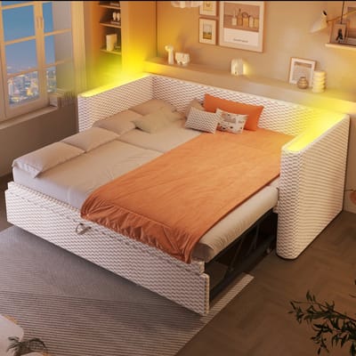 DESMIU Gestoffeerd Bed 90x200cm – Uitklapbaar Bed Met Lichtstrip En Opbergruimte – Voor Slaapkamer, Logeerkamer Of Kinderkamer – Fluweel – Beige – Zonder Matras