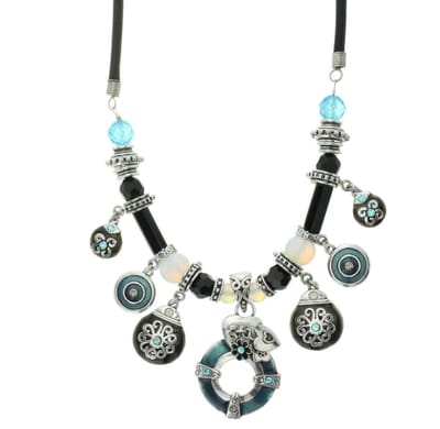 Behave - Korte ketting met kristalstenen en hangers - Licht blauw, zwart, antraciet - 40 cm + 7,5 cm verlengketting