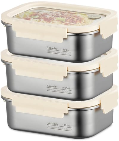 JHUBERS- Voedselcontainer 1400 ml - Set van 3 - Roestvrij staal - Vershouddozen met deksel - Afdichting met siliconen ring - Transparant kijkvenster
