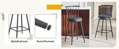 HAUSS SPOLE Barkruk - Windsor Stijl - Set Van 2 - Gewatteerde Zitting Met Rugleuning En Voetsteun - Voor Keukeneiland En Bar - Kunstleer Zwart