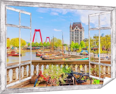 Gards Tuinposter Doorkijk Kleurrijke Oude Haven in Rotterdam - 180x120 cm - Tuindoek - Tuindecoratie - Wanddecoratie buiten - Tuinschilderij