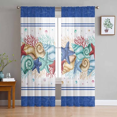 Zomer Marine Aquarel Zeester Schelp Koraal Blauw Tule Raamgordijnen voor Slaapkamer Luxe Draperieën in Woonkamer Chiffon Panelen 135W x 114H(cm) white