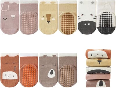 5-pack antislipsokken voor baby's en kinderen, pantoffels voor jongens en meisjes, schattige dieren van puur katoen, herfst-, lente- en wintersokken voor pasgeborenen, cadeau, geschikt voor kinderen van 1-3 jaar - Model C