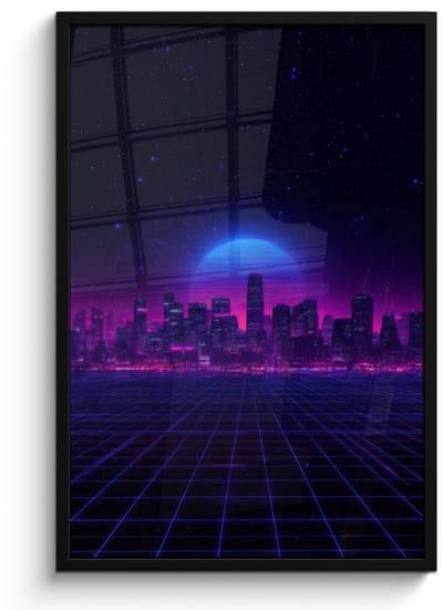 Poster in lijst - Fotolijst 60x90 cm - Posters - Skyline - Zon - Neon - Rasterpatroon - Posterlijst zwart - Decoratie - Wanddecoratie woonkamer - Muurdecoratie slaapkamer